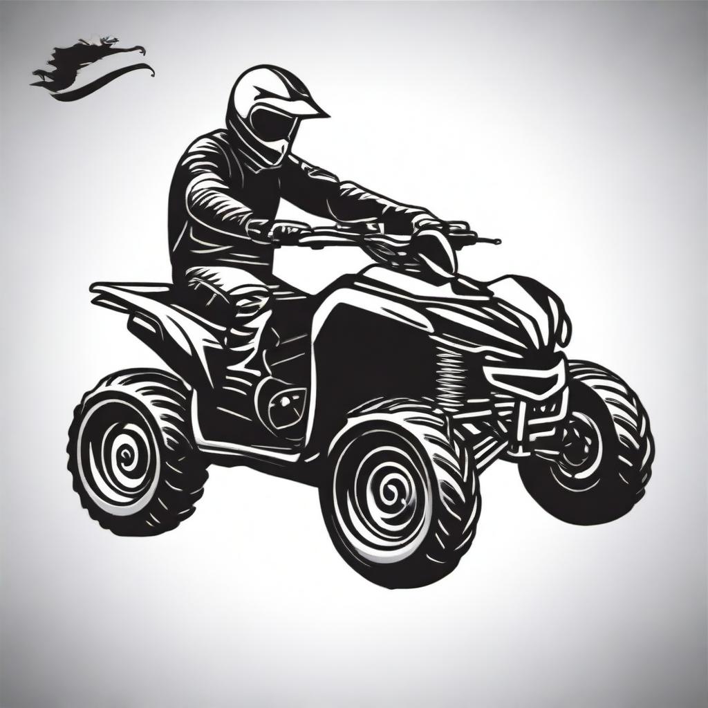 A simple, flat, black and white vector style illustration of a quad biker