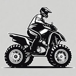 A simple, flat, black and white vector style illustration of a quad biker