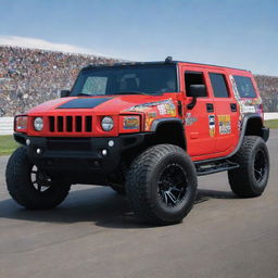 A Hummer reinvented in the NASCAR style, boasting bold colors, race track modifications, and adorned with diverse sponsor decals.