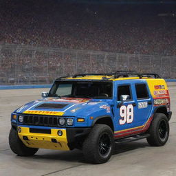 A Hummer reinvented in the NASCAR style, boasting bold colors, race track modifications, and adorned with diverse sponsor decals.