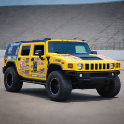 A Hummer reinvented in the NASCAR style, boasting bold colors, race track modifications, and adorned with diverse sponsor decals.