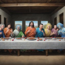 Create an image of 'The Last Supper' painting featuring characters Goku, Rick and Morty, Gon, Killua, Kira, Harry Potter, Naruto, Hisoka, each in their unique visual identity used in their respective anime, animation or movie.