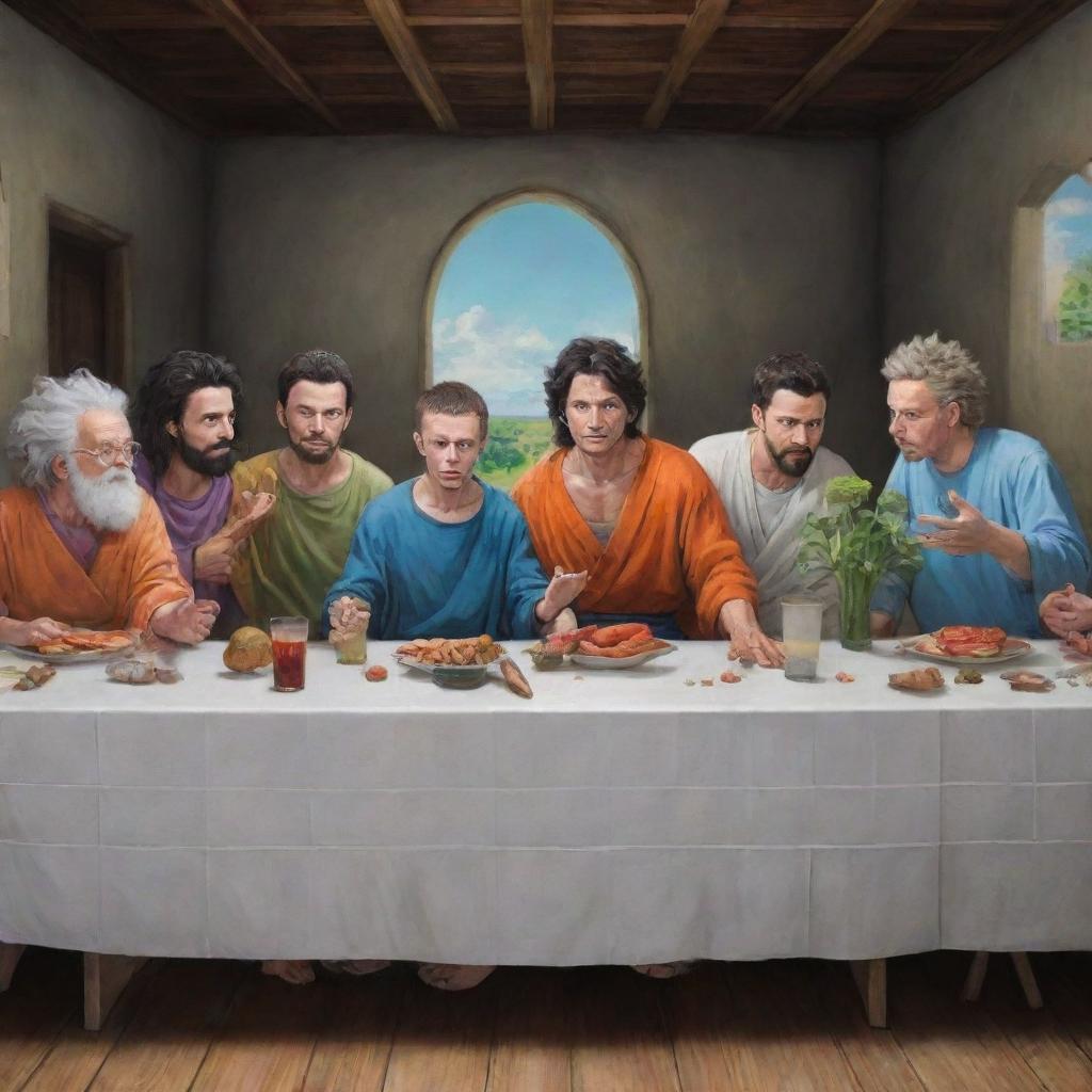 Create an image of 'The Last Supper' painting featuring characters Goku, Rick and Morty, Gon, Killua, Kira, Harry Potter, Naruto, Hisoka, each in their unique visual identity used in their respective anime, animation or movie.