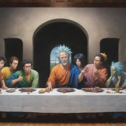 Create an image of 'The Last Supper' painting featuring characters Goku, Rick and Morty, Gon, Killua, Kira, Harry Potter, Naruto, Hisoka, each in their unique visual identity used in their respective anime, animation or movie.