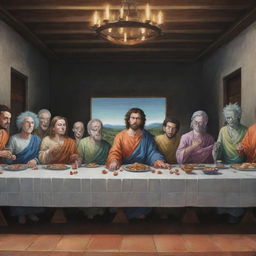 Create an image of 'The Last Supper' painting featuring characters Goku, Rick and Morty, Gon, Killua, Kira, Harry Potter, Naruto, Hisoka, each in their unique visual identity used in their respective anime, animation or movie.