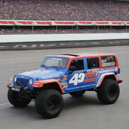 A Jeep modified in the NASCAR rendition, with vivid colors, sporting enhancements for racing, and decked out in numerous sponsorship logos.