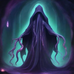 A detailed illustration of a mind flayer, a creature with a squid-like head and tentacles, dressed in dark, mystical robes, standing in a dark, eerie cave with glowing crystals