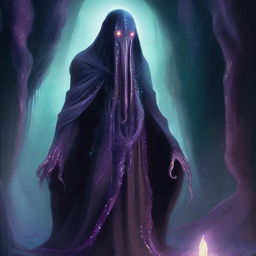 A detailed illustration of a mind flayer, a creature with a squid-like head and tentacles, dressed in dark, mystical robes, standing in a dark, eerie cave with glowing crystals