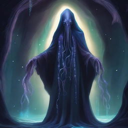 A detailed illustration of a mind flayer, a creature with a squid-like head and tentacles, dressed in dark, mystical robes, standing in a dark, eerie cave with glowing crystals