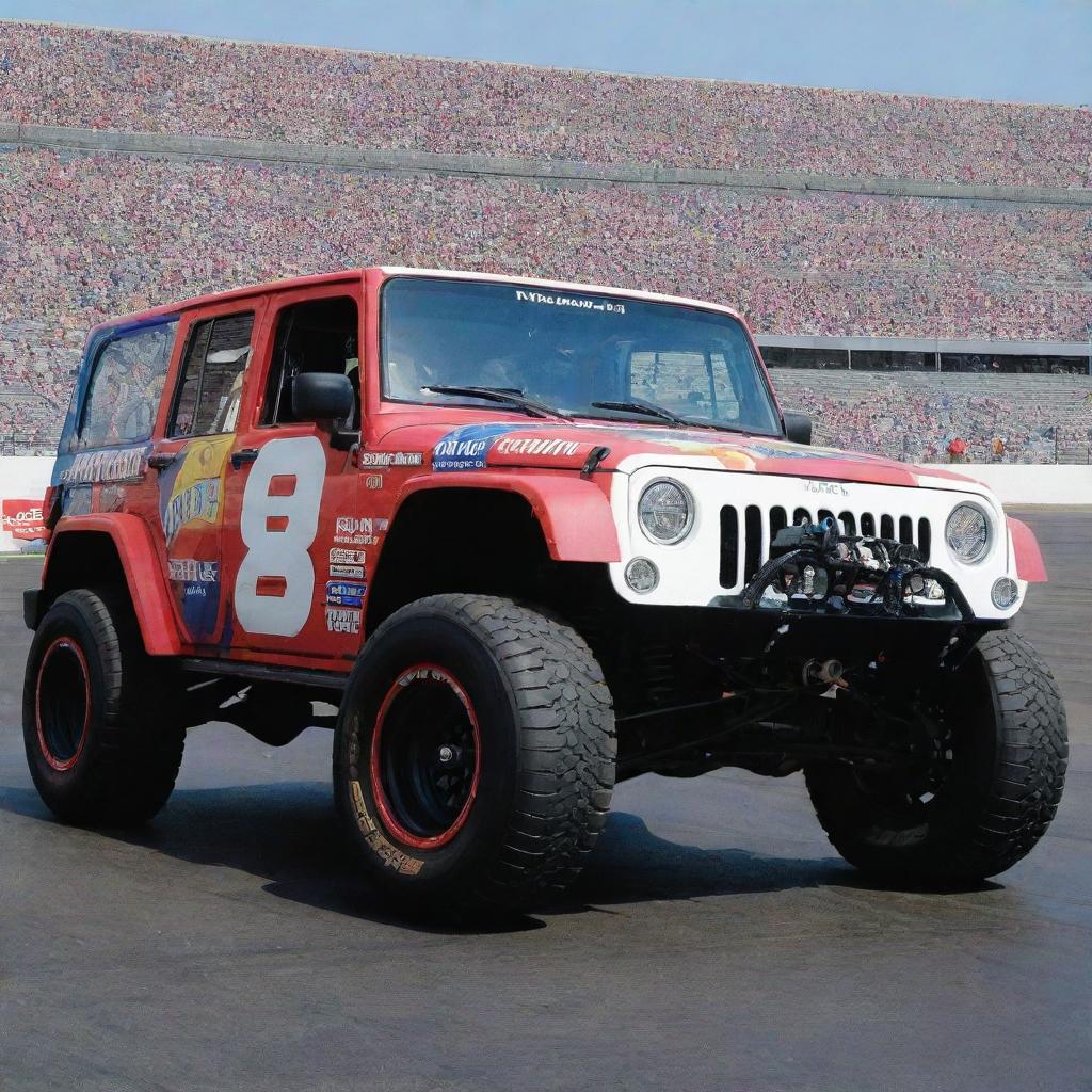 A Jeep modified in the NASCAR rendition, with vivid colors, sporting enhancements for racing, and decked out in numerous sponsorship logos.