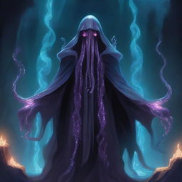 A detailed illustration of a mind flayer, a creature with a squid-like head and tentacles, dressed in dark, mystical robes, standing in a dark, eerie cave with glowing crystals