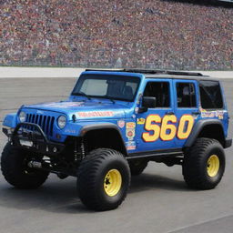 A Jeep modified in the NASCAR rendition, with vivid colors, sporting enhancements for racing, and decked out in numerous sponsorship logos.