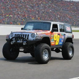 A Jeep modified in the NASCAR rendition, with vivid colors, sporting enhancements for racing, and decked out in numerous sponsorship logos.