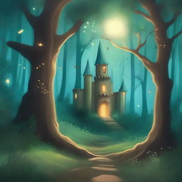 A captivating book cover featuring a mystical forest with ancient trees, glowing fireflies, and a hidden path leading to an enchanted castle in the distance