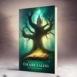 A captivating book cover featuring a mystical forest with ancient trees, glowing fireflies, and a hidden path leading to an enchanted castle in the distance