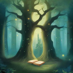 A captivating book cover featuring a mystical forest with ancient trees, glowing fireflies, and a hidden path leading to an enchanted castle in the distance