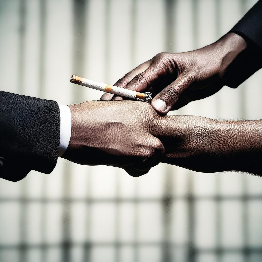 A detailed image showing one hand passing a cigarette to another
