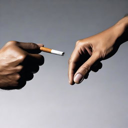 A detailed image showing one hand passing a cigarette to another