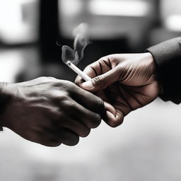 A detailed image showing one hand passing a cigarette to another