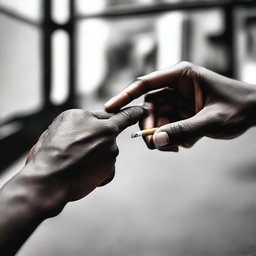 A detailed image showing one hand passing a cigarette to another