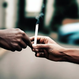 A detailed image showing one hand passing a cigarette to another