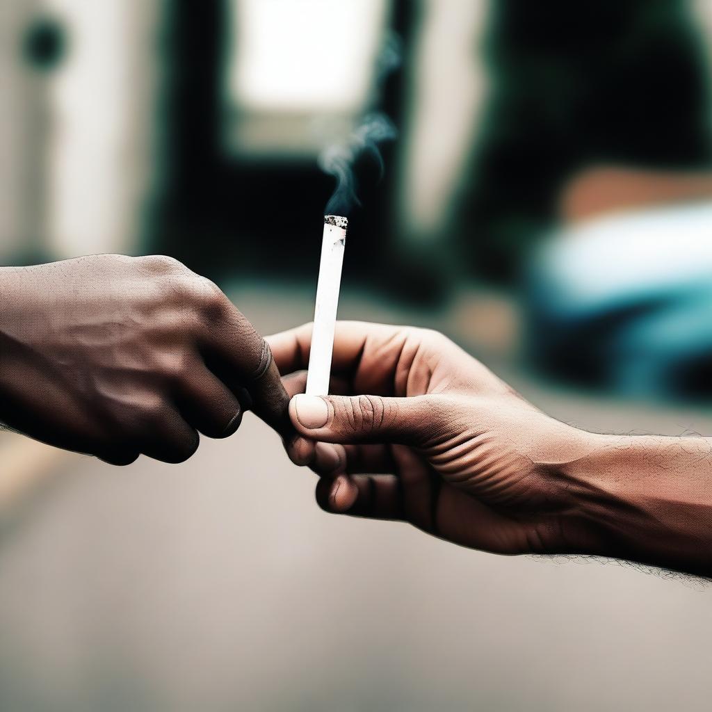 A detailed image showing one hand passing a cigarette to another