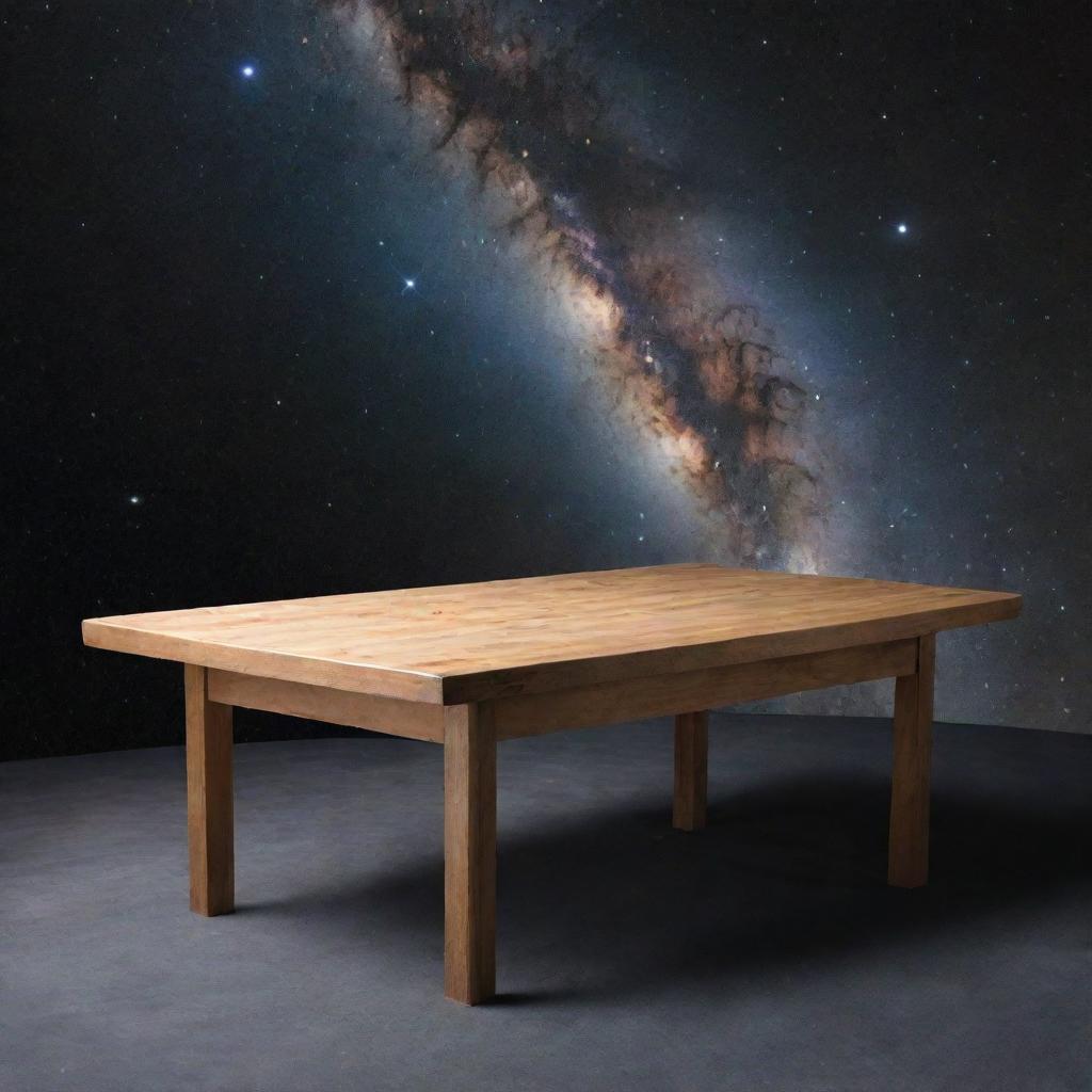 A wooden table accidentally in outer space, with a mysterious non-human presence curiously observing in the background. The stars and distant galaxies serve as stark contrast.