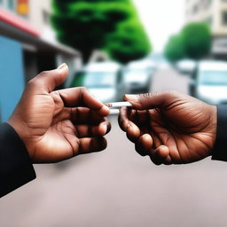 A detailed image showing one hand passing a cigarette to another