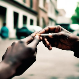 A detailed image showing one hand passing a cigarette to another
