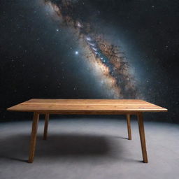 A wooden table accidentally in outer space, with a mysterious non-human presence curiously observing in the background. The stars and distant galaxies serve as stark contrast.