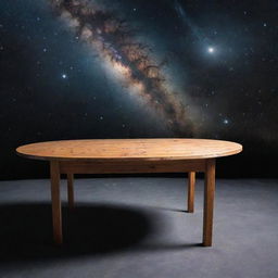 A wooden table accidentally in outer space, with a mysterious non-human presence curiously observing in the background. The stars and distant galaxies serve as stark contrast.