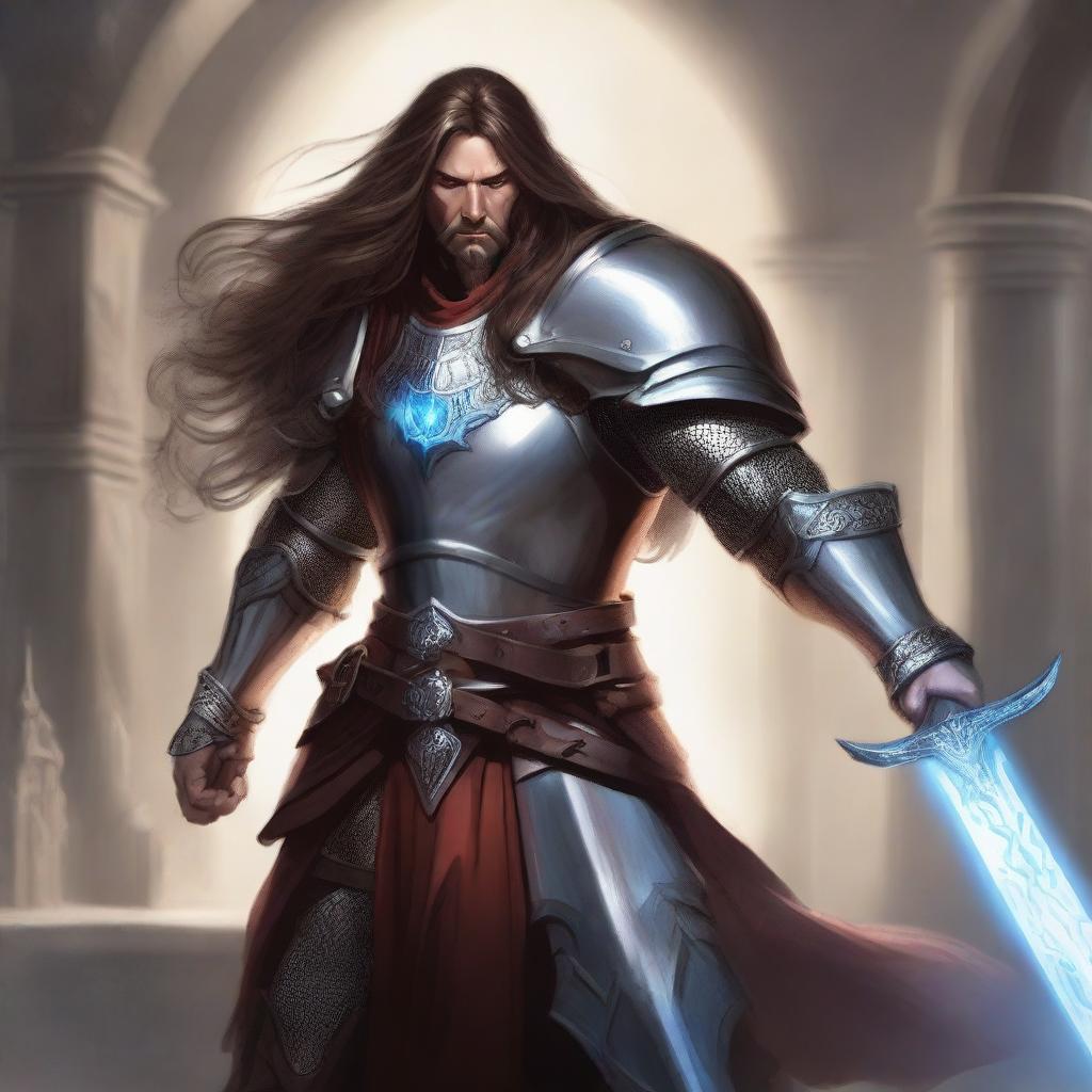 A human cleric in heavy armor with long hair, set in a Dungeons & Dragons fantasy world