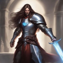A human cleric in heavy armor with long hair, set in a Dungeons & Dragons fantasy world