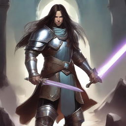 A human cleric in heavy armor with long hair, set in a Dungeons & Dragons fantasy world