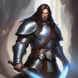 A human cleric in heavy armor with long hair, set in a Dungeons & Dragons fantasy world