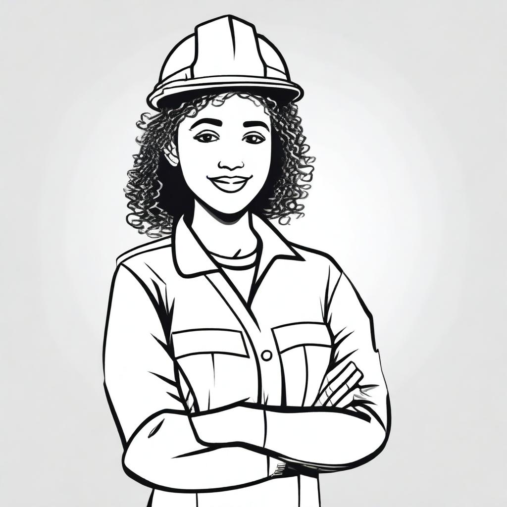 Create a 2D drawing of a woman with curly hair wearing a safety technician uniform
