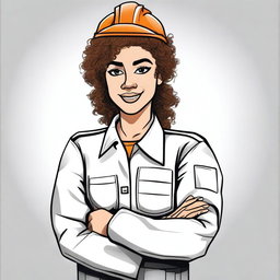 Create a 2D drawing of a woman with curly hair wearing a safety technician uniform