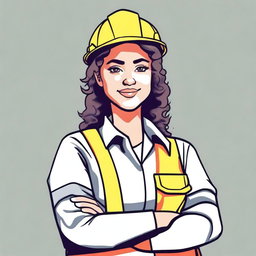 Create a 2D drawing of a woman with curly hair wearing a safety technician uniform