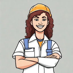 Create a 2D drawing of a woman with curly hair and highlighted streaks, wearing a safety technician uniform