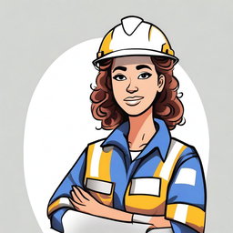 Create a 2D drawing of a woman with curly hair and highlighted streaks, wearing a safety technician uniform