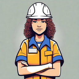 Create a 2D drawing of a woman with curly hair and highlighted streaks, wearing a safety technician uniform