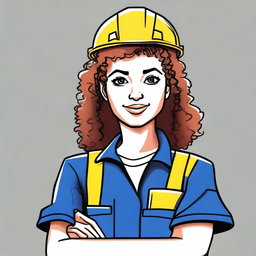 Create a 2D drawing of a woman with curly hair and highlighted streaks, wearing a safety technician uniform