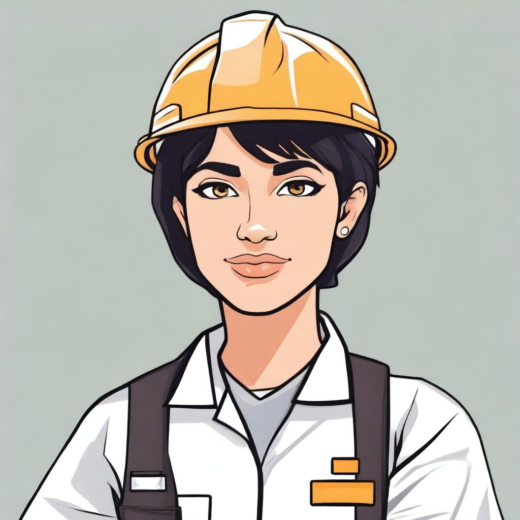 Create a 2D drawing of a woman with short black hair that touches the nape of her neck, honey-colored eyes, and a septum piercing