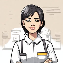 Create a 2D drawing of a woman with short black hair that touches the nape of her neck, honey-colored eyes, and a septum piercing