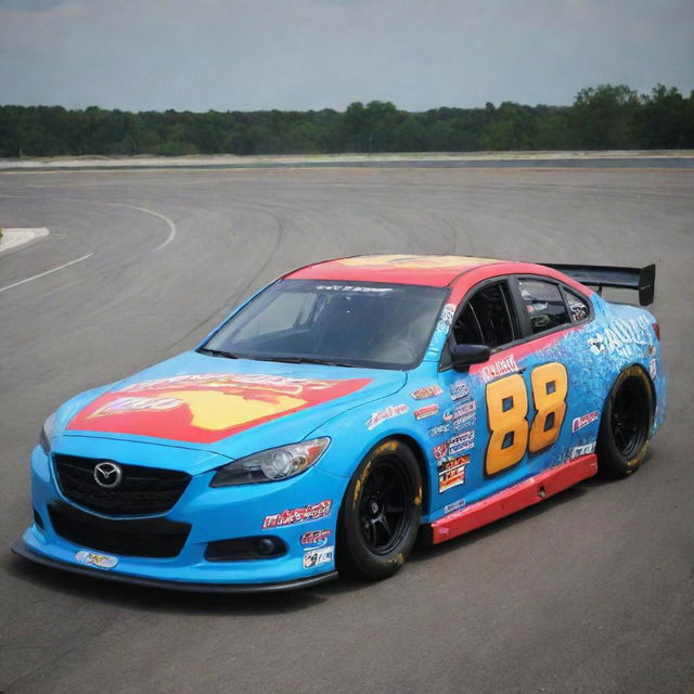 A Mazda transformed into a NASCAR version, featuring bright colors, racing adaptations, and embellished with myriad sponsor decals.