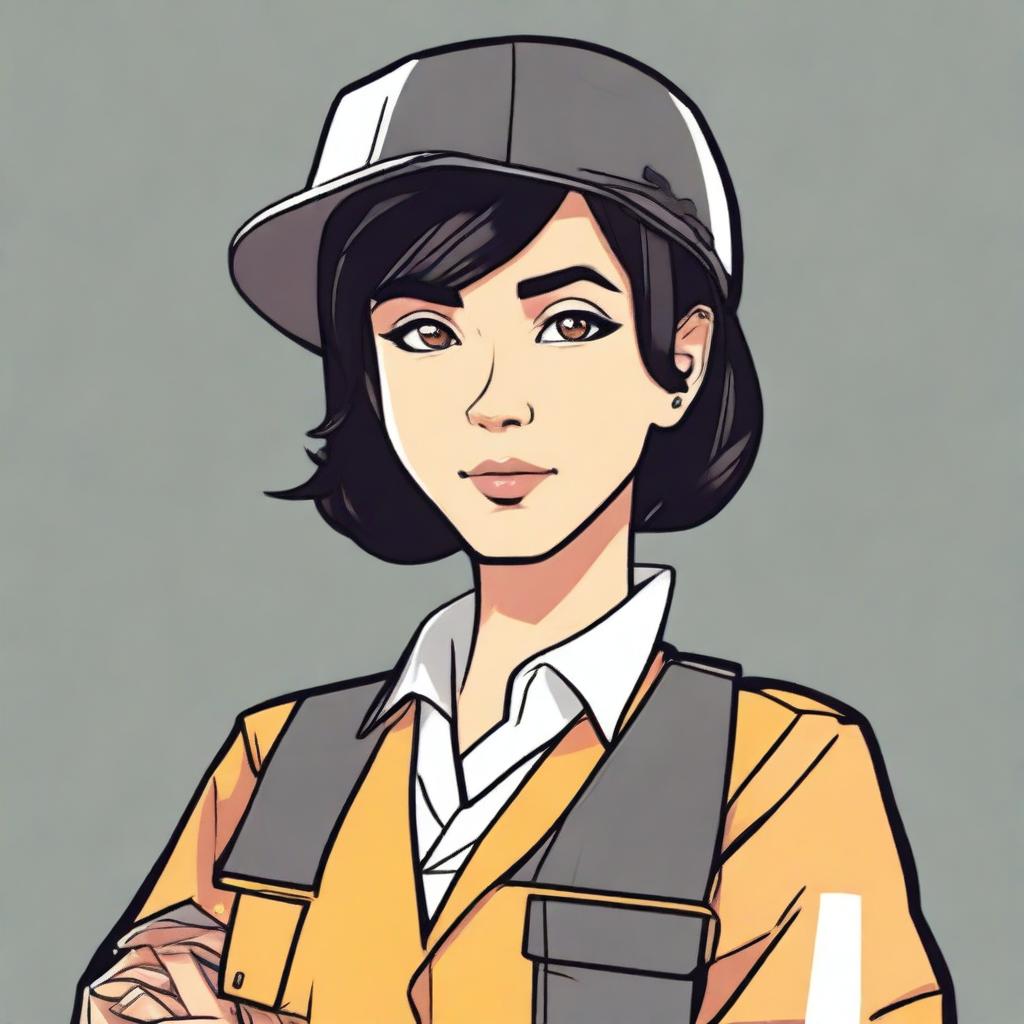 Create a 2D drawing of a woman with short black hair that touches the nape of her neck, honey-colored eyes, and a nose piercing