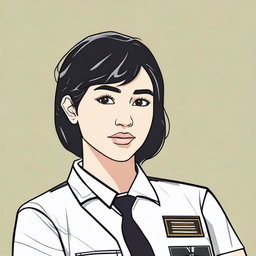 Create a 2D drawing of a woman with short black hair that touches the nape of her neck, honey-colored eyes, and a nose piercing