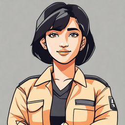 Create a 2D drawing of a woman with short black hair that touches the nape of her neck, honey-colored eyes, and a nose piercing