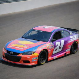 A Mazda transformed into a NASCAR version, featuring bright colors, racing adaptations, and embellished with myriad sponsor decals.