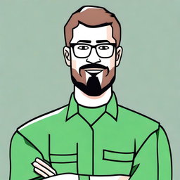 Create a 2D drawing of a man with short hair, green eyes, glasses, and a goatee